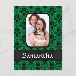 Green and black damask postcard