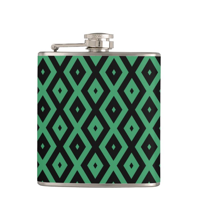 Green and black diamond pattern hip flask (Front)