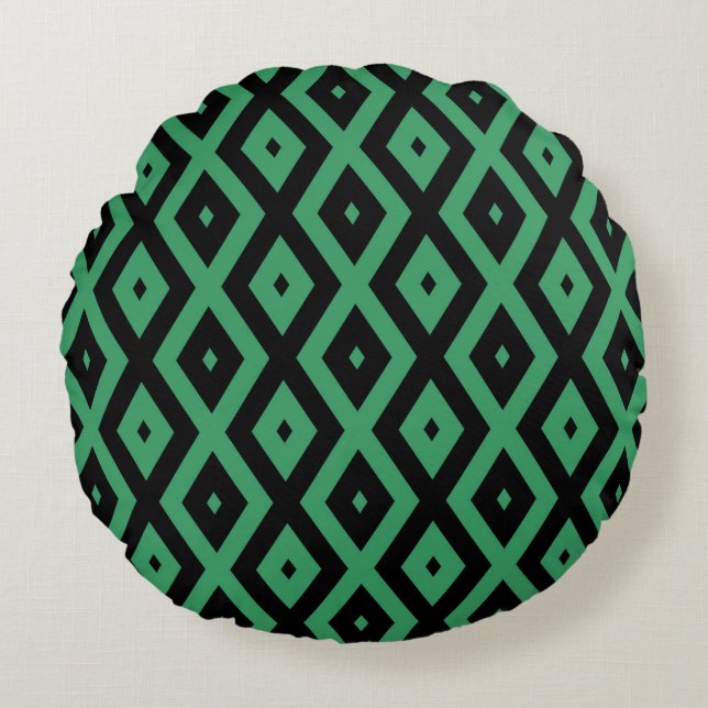 Green and black diamond pattern round pillow (Front)