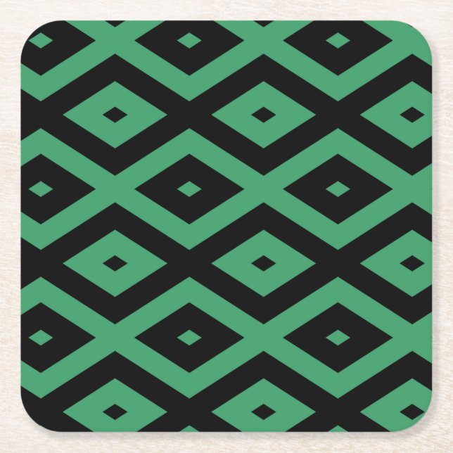 Green and black diamond pattern square paper coaster (Front)