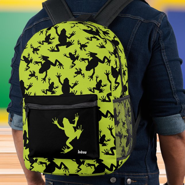 Green and Black Frog Pattern Kids School Printed Backpack (Creator Uploaded)