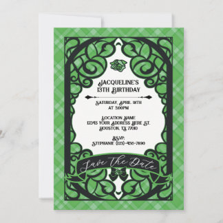 Green and Black Gated Rose Princess Birthday Invitation