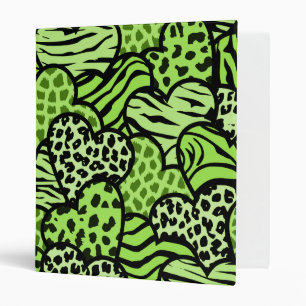 Green and black girly animal print hearts binder