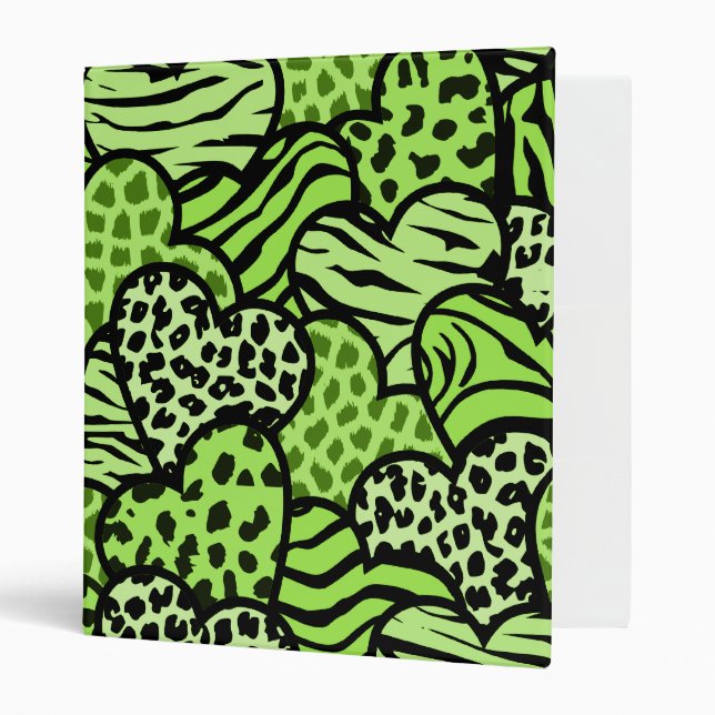 Green and black girly animal print hearts binder (Front/Inside)