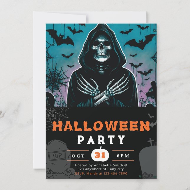 Green and Black Grim Reaper Skeleton Halloween Invitation (Front)