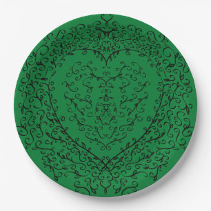 Green and Black Heart Gothic Wedding Elegant Paper Plate