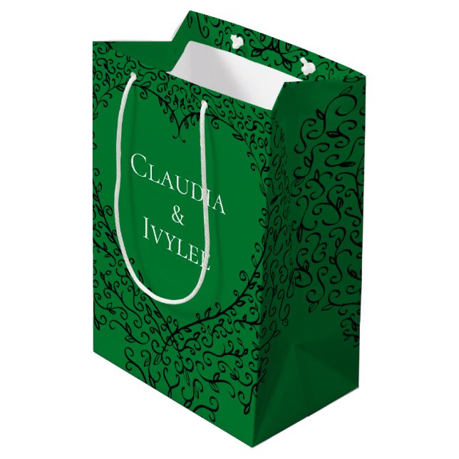 Green and Black Heart Wedding Medium Gift Bag (Back Angled)
