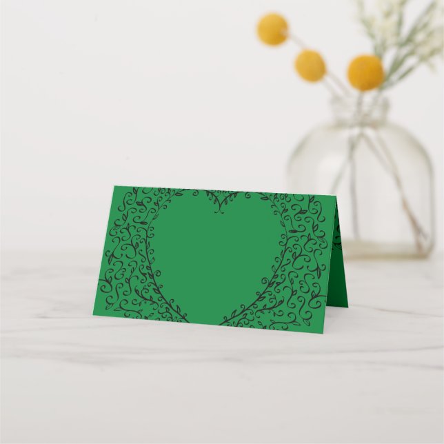 Green and Black Heart Wedding Place Card (Front)