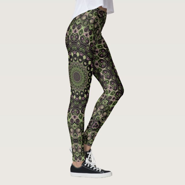Green and Black Kaleidoscope Mandala Pattern Leggings (Right)