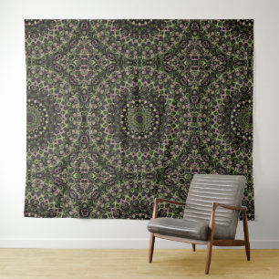Green and Black Kaleidoscope Mandala Pattern Tapestry