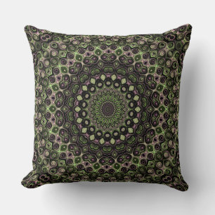 Green and Black Kaleidoscope Mandala Pattern Throw Pillow