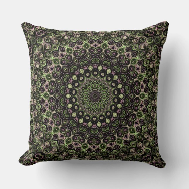 Green and Black Kaleidoscope Mandala Pattern Throw Pillow (Front)