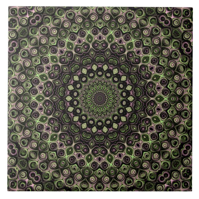 Green and Black Kaleidoscope Mandala Pattern Tile (Front)