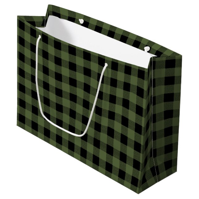 Green and Black Lumberjack Plaid Gift Bag, Glossy Large Gift Bag (Front Angled)