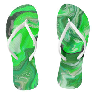 Green and Black Marble Digital Fluid Art  Flip Flops