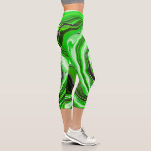 Green and Black Marble like Striped Fluid Art Capri Leggings