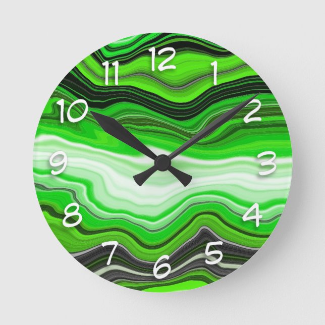 Green and Black Marble like Striped Fluid Art    Round Clock (Front)