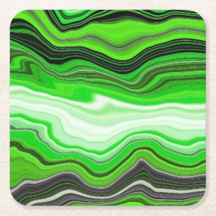Green and Black Marble like Striped Fluid Art    Square Paper Coaster