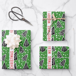 Green and black Merry Christmas trees holiday Wrapping Paper Sheet