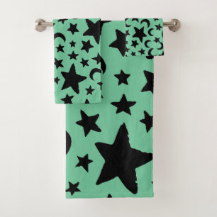 Green and Black Moon Stars Bath Towel Set