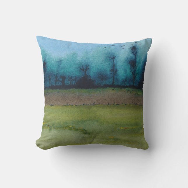 green and black mystic scenic woodland landscape throw pillow (Front)