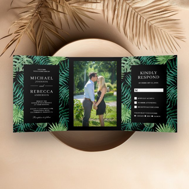 Green and Black Palm Leaves Tropical Wedding Tri-Fold Invitation (Creator Uploaded)