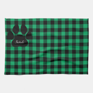 Green And Black Plaid Paw Print Kitchen Towel