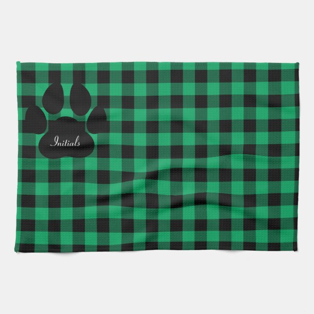 Green And Black Plaid Paw Print Kitchen Towel (Horizontal)