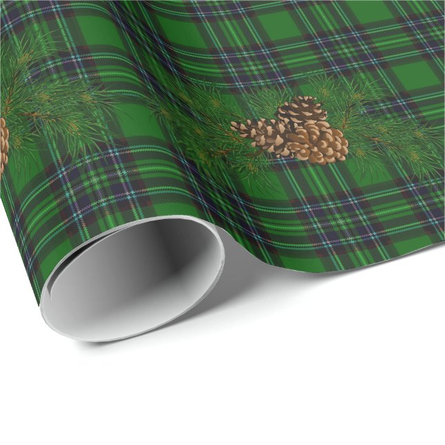 Green and Black Plaid pine-cone detail Wrapping Paper (Roll Corner)