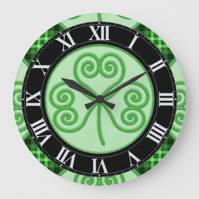 Green and Black Plaid Shamrock Wall Clock (Front)