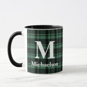 Green and Black Plaid with Monogram Name  Mug