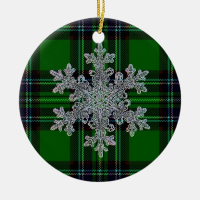 Green and Black Plaid with snow flake detail Ceramic Ornament (Front)