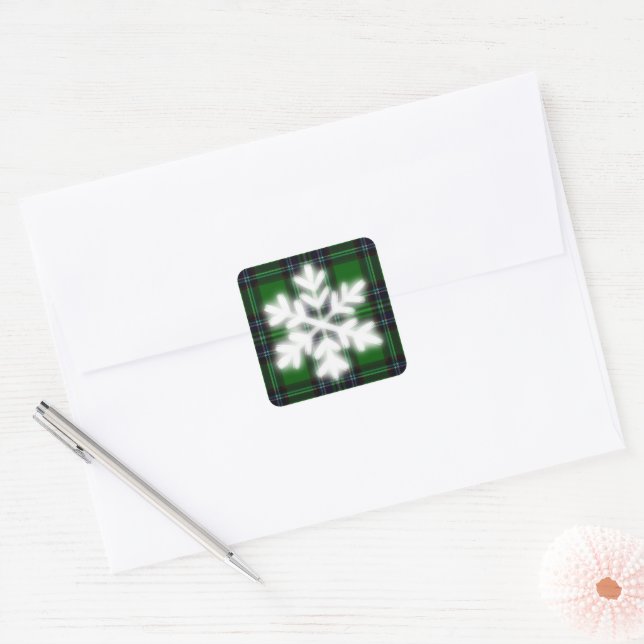 Green and Black Plaid with snow flake detail Square Sticker (Envelope)