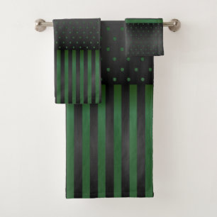 Green and Black Polka Dots and Stripes Bath Towel Set