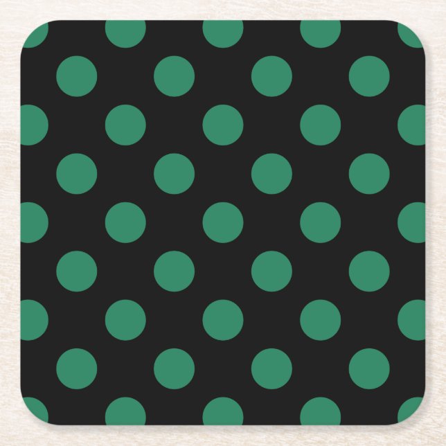 Green and black polka dots square paper coaster (Front)
