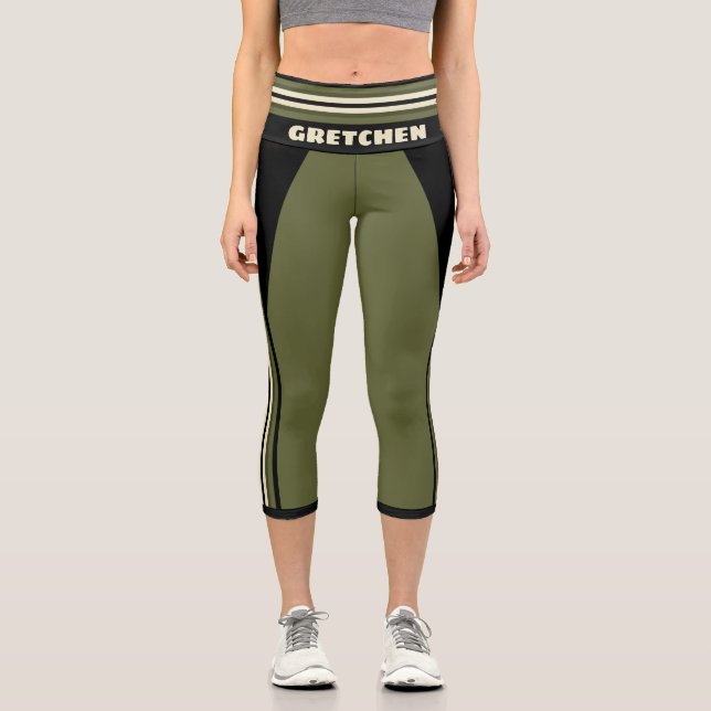 Green and Black Racing Stripe Name Template Capri Leggings (Front)