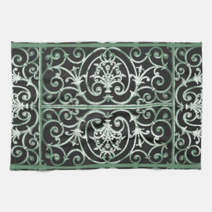 Green and black scrollwork pattern kitchen towel