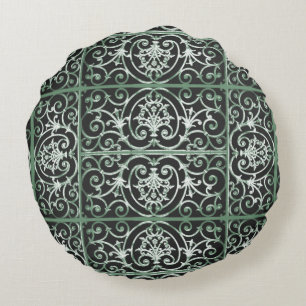 Green and black scrollwork pattern round pillow
