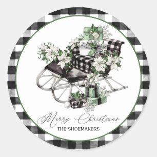 Green and Black Sleigh Buffalo Check Packages Classic Round Sticker