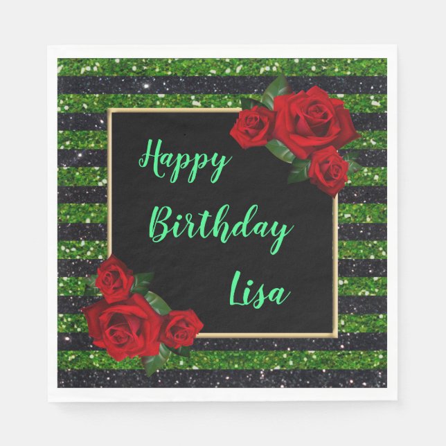 Green And Black Stripes Glitter Red Roses Birthday Napkin (Front)