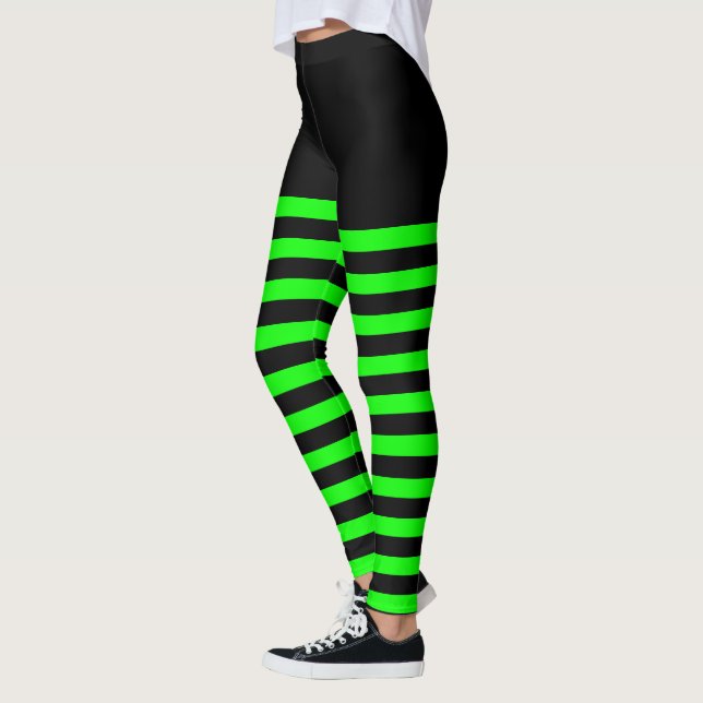 Green and Black Stripes Halloween Striped Witch Leggings (Left)