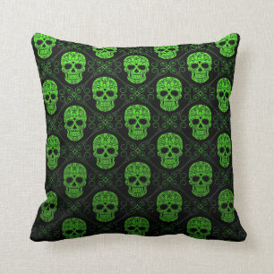 Green and Black Sugar Skull Pattern Throw Pillow