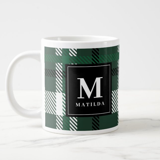 Green and black tartan check Christmas Large Coffee Mug (Left)