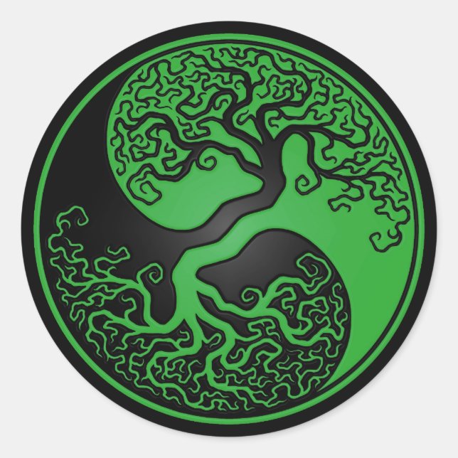 Green and Black Tree of Life Yin Yang Classic Round Sticker (Front)