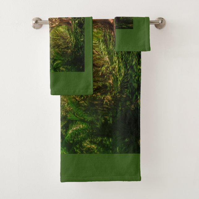 Green and black woodland forest bath towel set (Insitu)