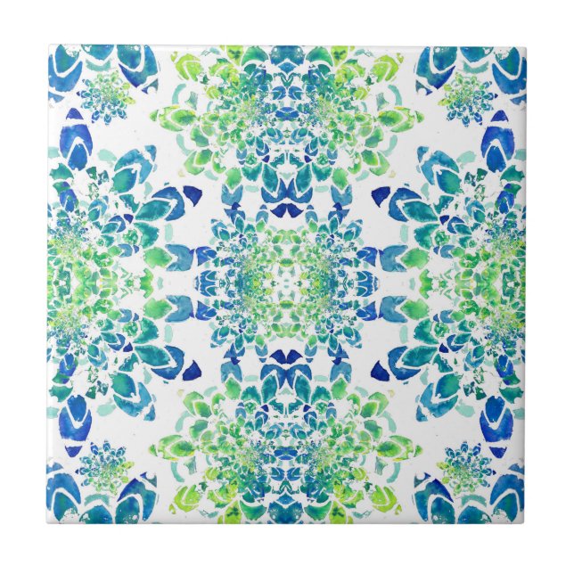 Green and Blue Abstract Mandala Pattern Tile (Front)