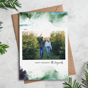 Green and Blue Abstract Watercolor Photo Christmas Holiday Card