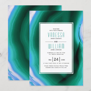 Green and blue agate slice and frame wedding invitation