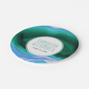 Green and blue agate slice and frame wedding paper plate