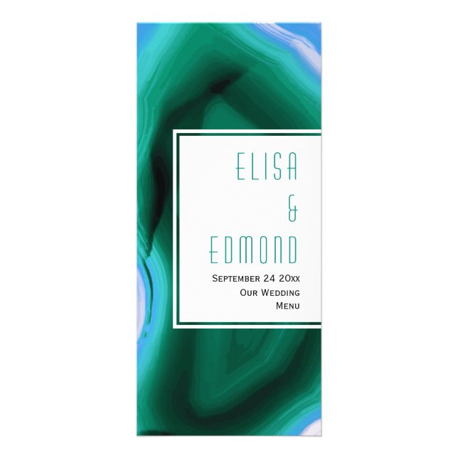 Green and blue agate slice geode wedding menu card (Front)
